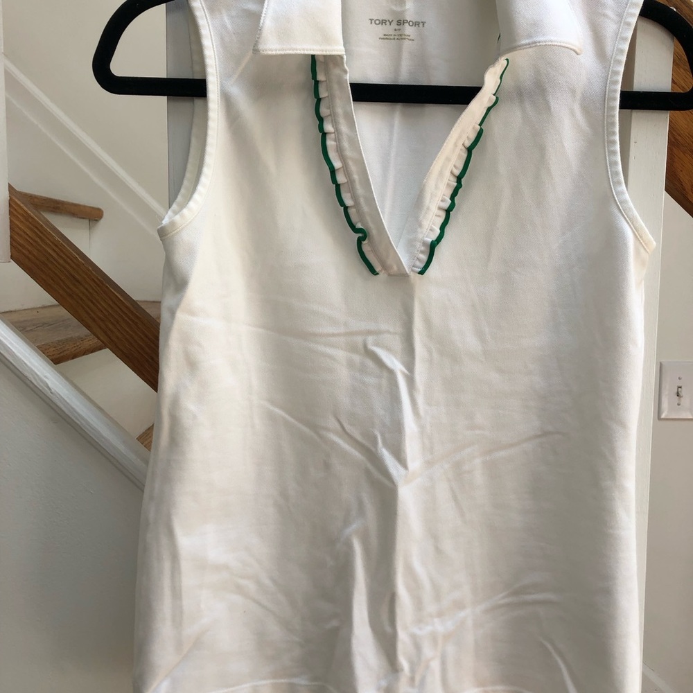 Tory Burch White Sleeveless Polo Dress with Green Trim